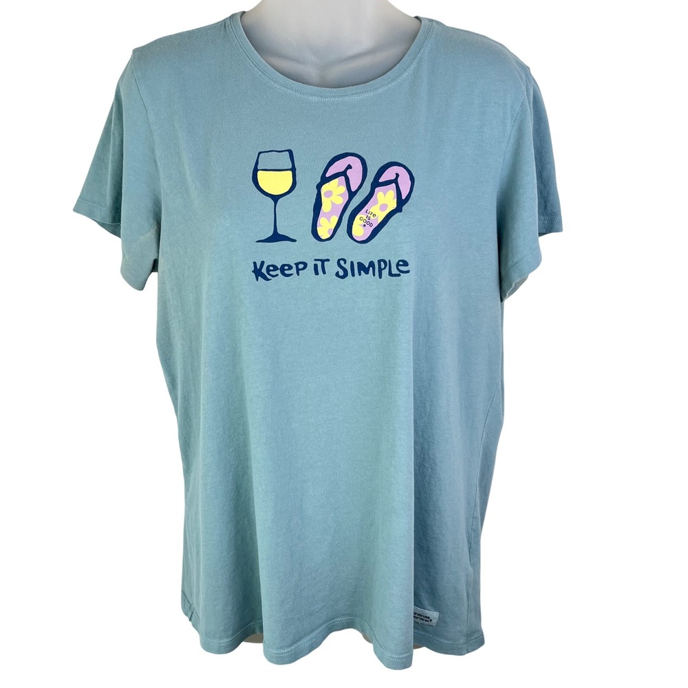 Life is Good Womens Large Blue Crusher-Lite Keep Simple Wine Flip Flops‎ T-Shirt